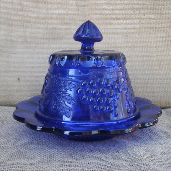 Vintage Mosser Cobalt Grapes Covered Butter Dish - Picture 3 of 16